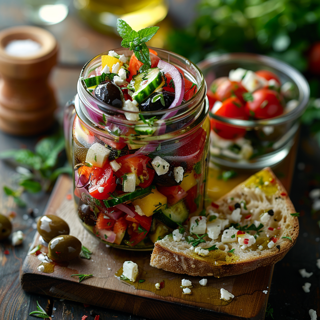Mason Jar Greek Salad with Olive Oil Dressing