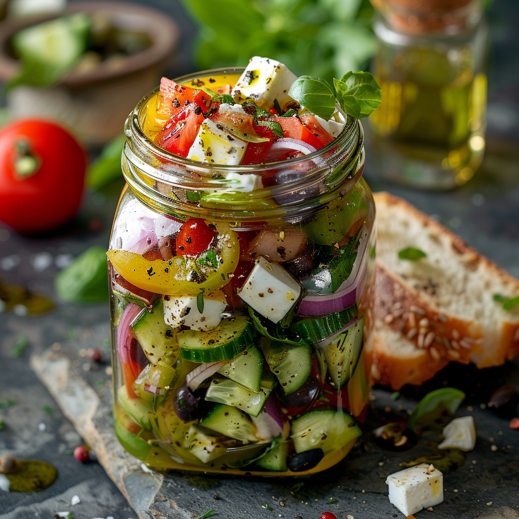 Mason Jar Greek Salad with Olive Oil Dressing
