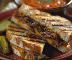 Roast Beef & Cheddar Panini with Tomato Soup: Irresistible Comfort Food Delight