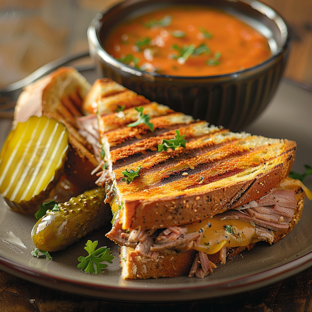 Roast Beef & Cheddar Panini with Tomato Soup: Irresistible Comfort Food Delight 2 Roast Beef & Cheddar Panini with Tomato Soup