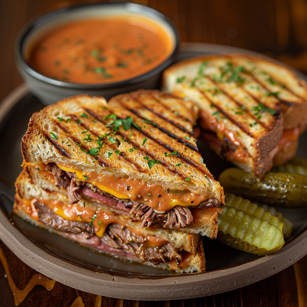 Roast Beef & Cheddar Panini with Tomato Soup
