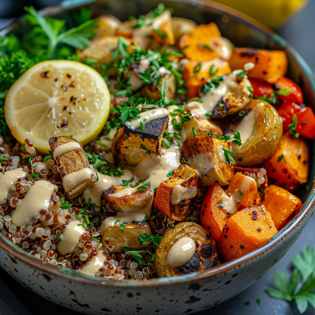 Roasted Veggie & Quinoa Bowl with Tahini: Healthy & Delicious Meal Idea 2 Roasted Veggie & Quinoa Bowl with Tahini