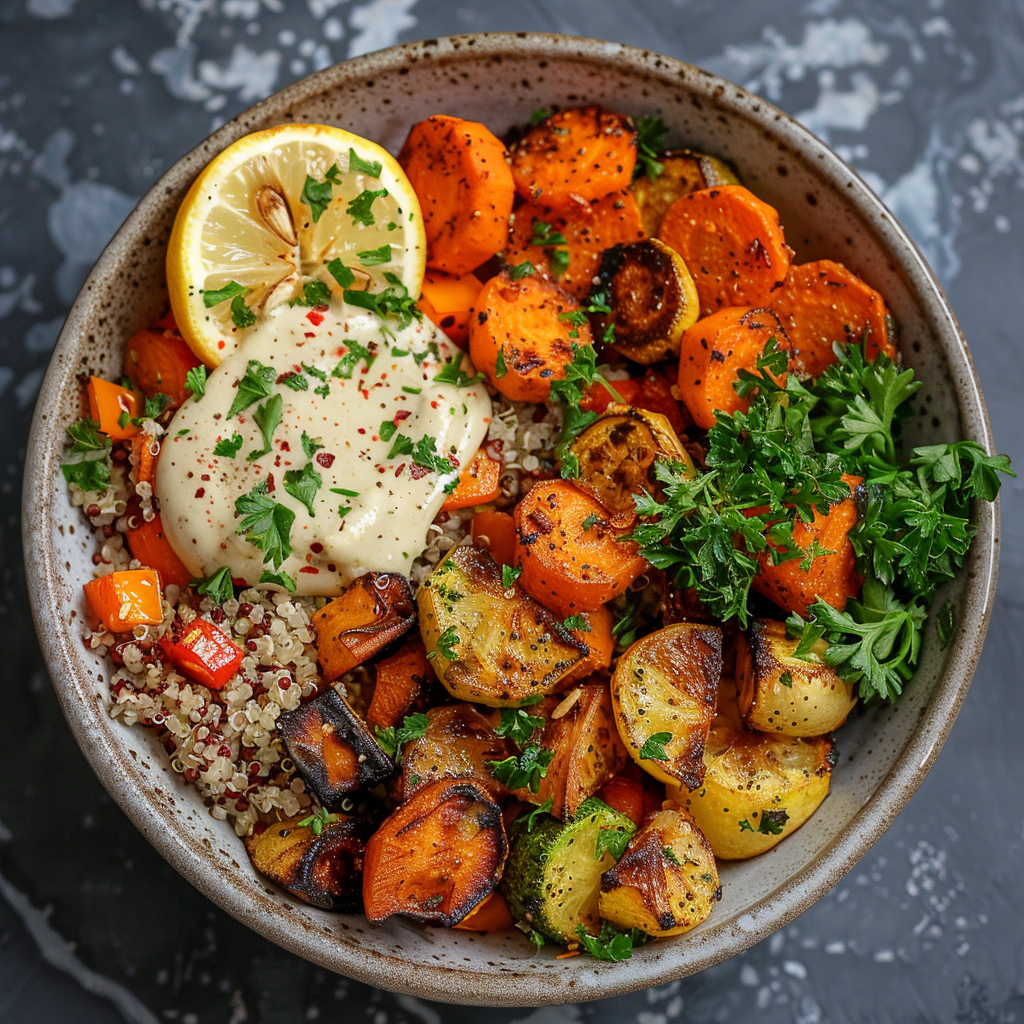 Roasted Veggie & Quinoa Bowl with Tahini: Healthy & Delicious Meal Idea 3 Roasted Veggie & Quinoa Bowl with Tahini