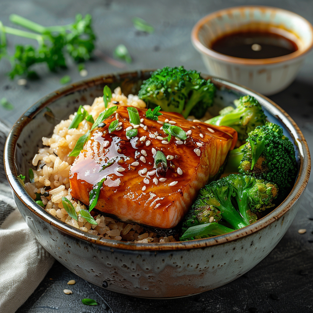 Delicious Teriyaki Salmon Bowl with Brown Rice | Healthy & Easy Recipe 2 Teriyaki Salmon Bowl with Brown Rice