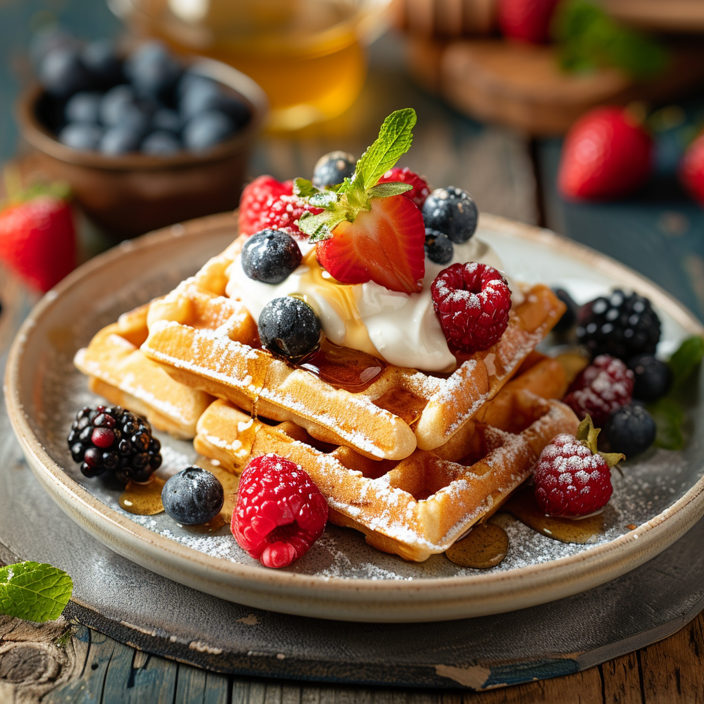 Whole Grain Waffles with Greek Yogurt & Honey: Irresistibly Delicious Breakfast Idea 2 Whole Grain Waffles with Greek Yogurt & Honey