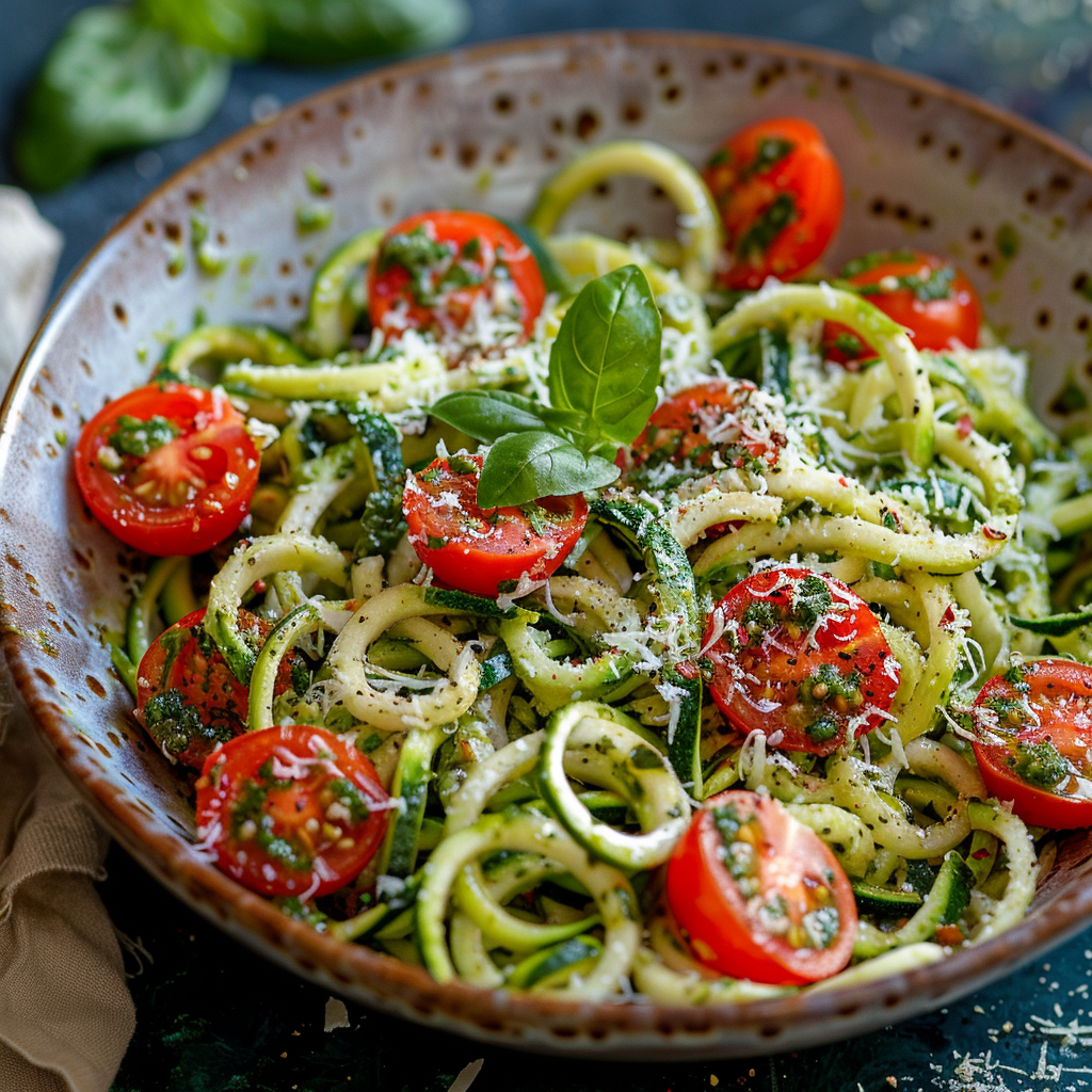Zucchini Noodle Pesto Bowl with Cherry Tomatoes