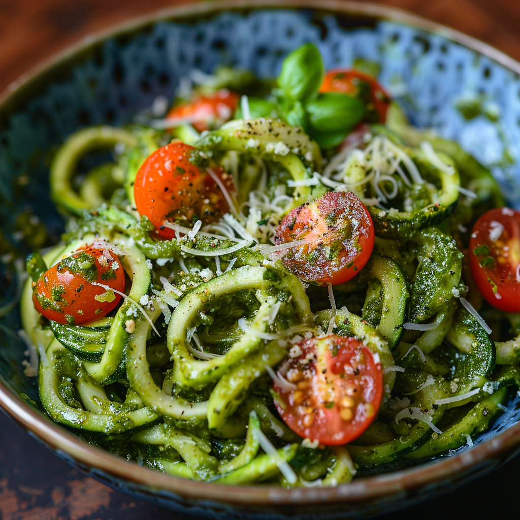 Zucchini Noodle Pesto Bowl with Cherry Tomatoes: Irresistibly Delicious! 2 Zucchini Noodle Pesto Bowl with Cherry Tomatoes