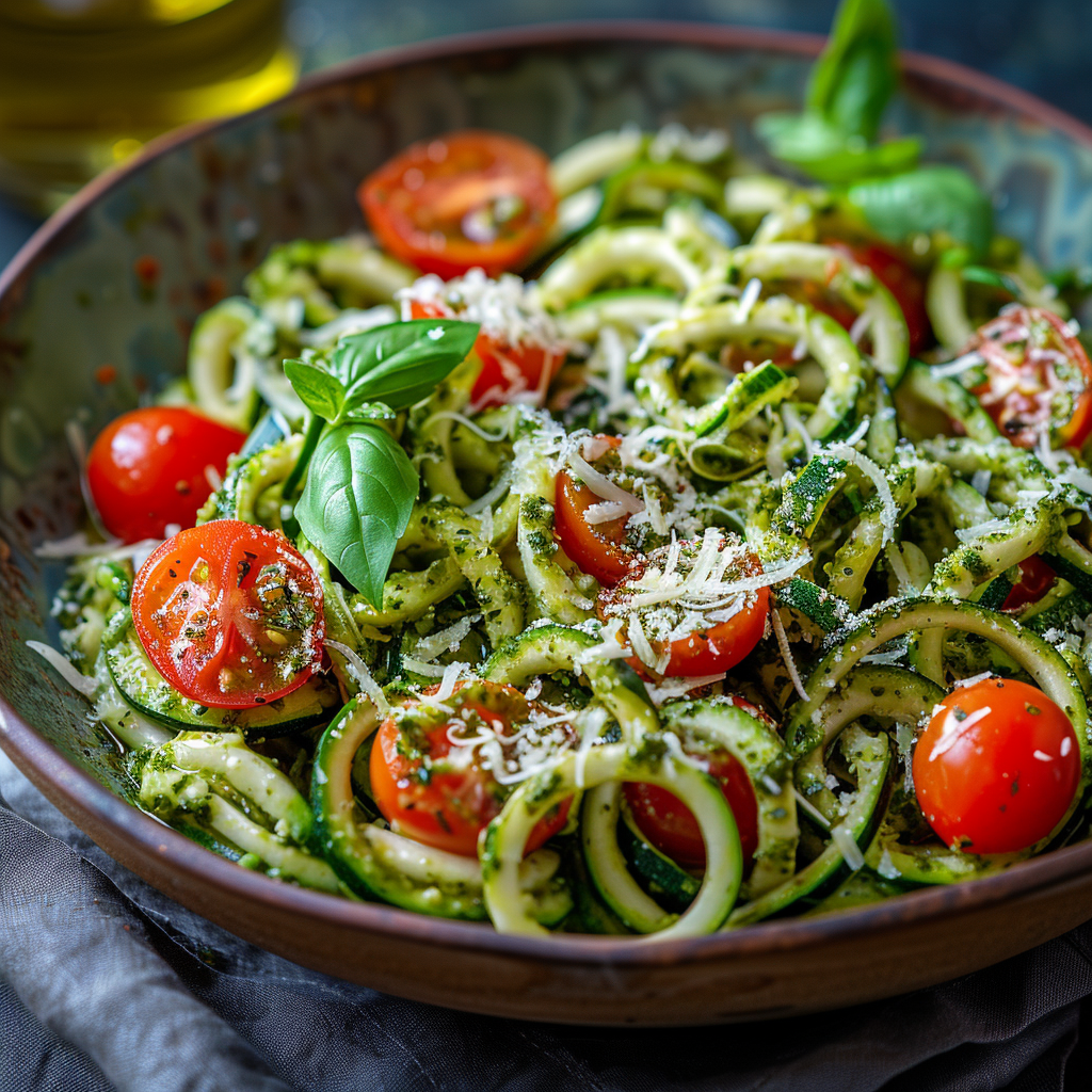 Zucchini Noodle Pesto Bowl with Cherry Tomatoes: Irresistibly Delicious! 4 Zucchini Noodle Pesto Bowl with Cherry Tomatoes
