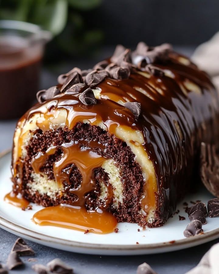 Decadent Gooey Chocolate Caramel Turtle Cake Roll Recipe 2 gooey chocolate caramel roll Elite Cooking Recipes